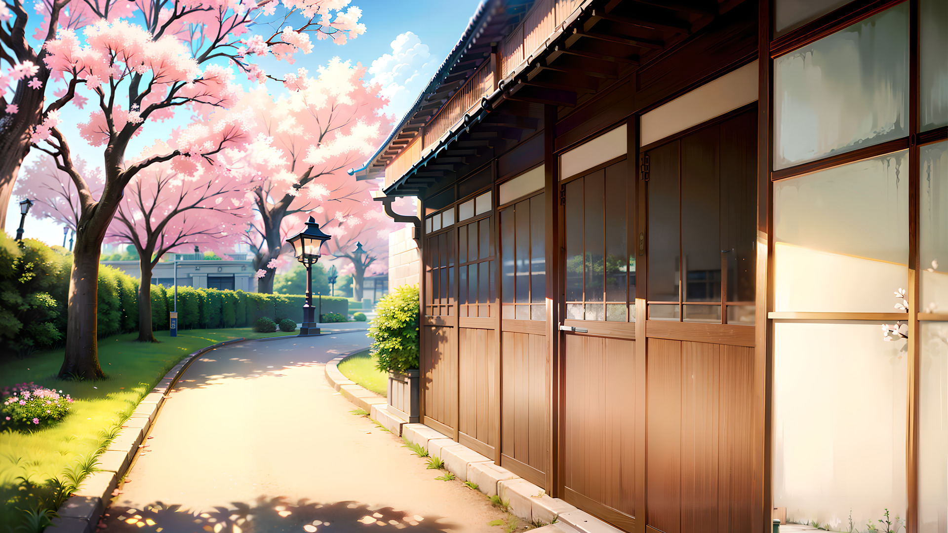 A quiet street lined with cherry blossoms